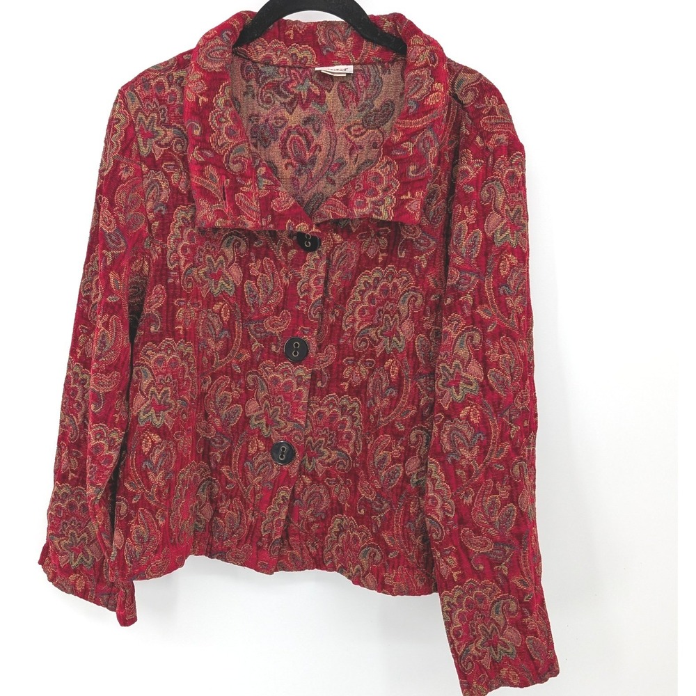Habitat Tapestry Button Up Jacket Women Medium Red Paisley Textured Collared